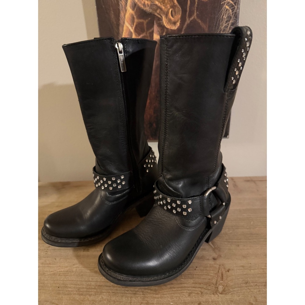 Harley-Davidson Womens Black Leather Rhinestone Studded‎ Harness Boots Size 6